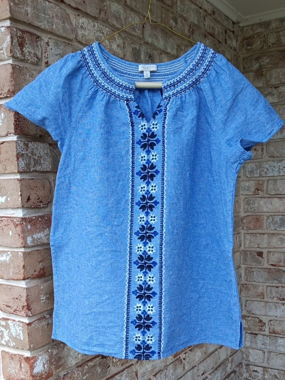 Embroidered Linen & Cotton Short Sleeve Peasant Top